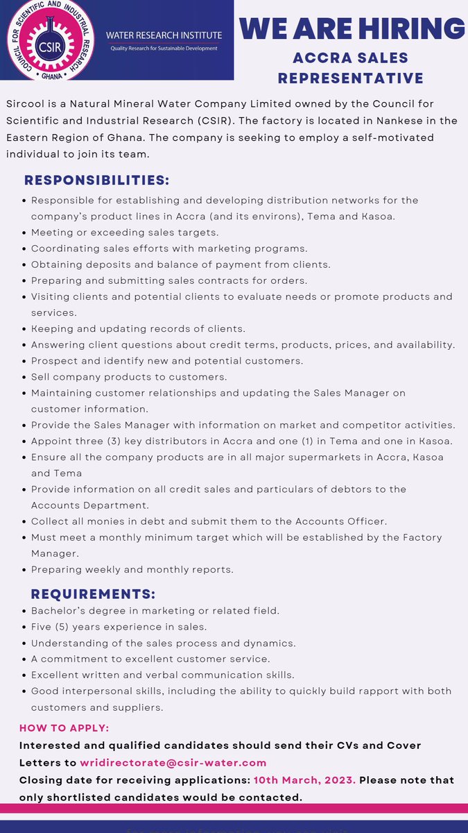 CSIR_WRI's tweet photo. Join the CSIR Water Research Institute team by taking advantage of this opportunity #vacancyalert #jobalert #CSIR #CSIRWRI #water #waterproduction #sales #salesrepresentative #factorymanager #waterproducer #research #waterresearch https://t.co/uaUAUFhVr0