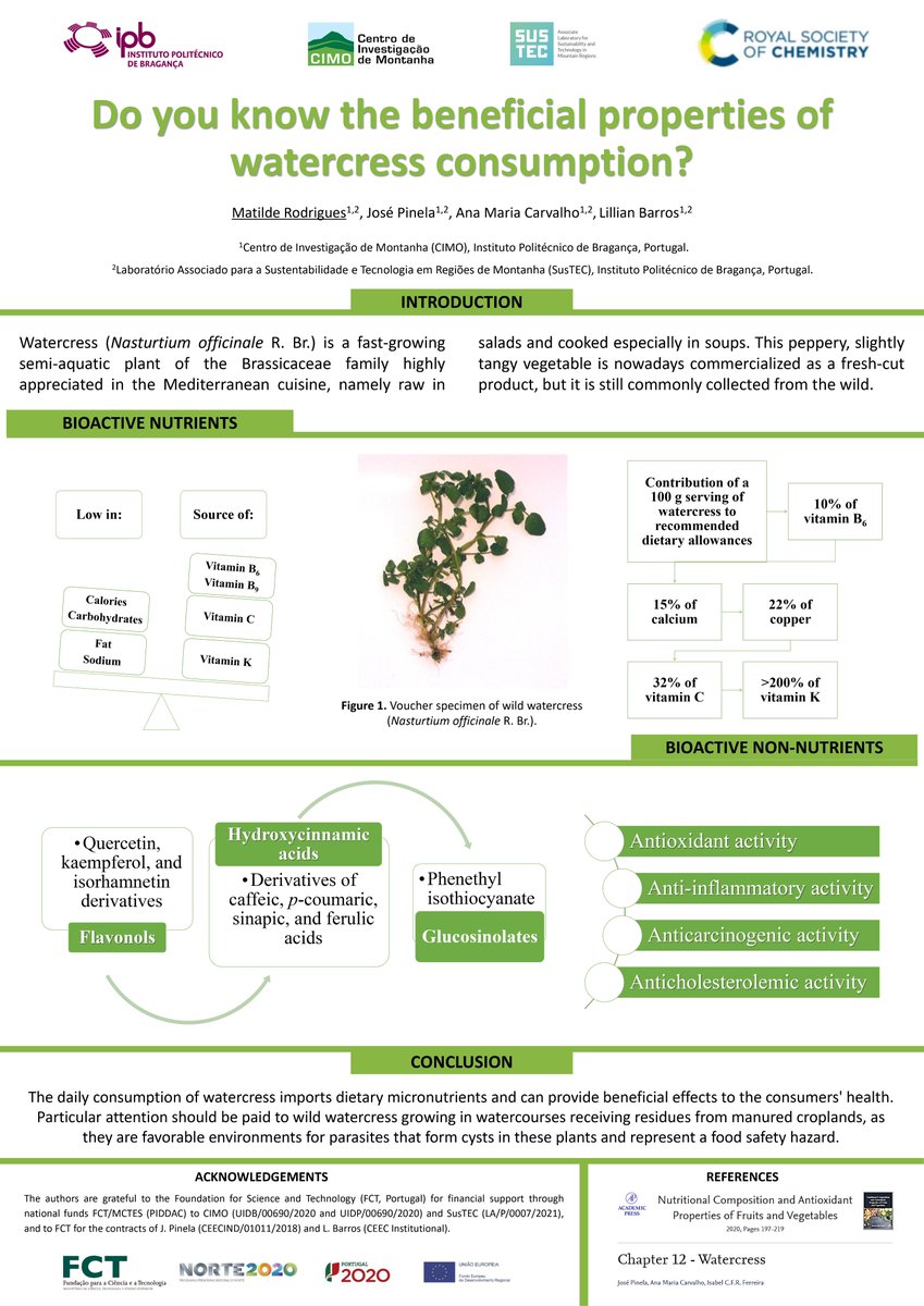'Do you know the beneficial properties of watercress consumption?' 
You can check the answer in our #RSCPoster. 
Have you ever tasted watercress?🌱
#RSCPoster #RSCFoodScience #RSCFoodTech #RSCChemBio #RSCAnalytical #NutritionandHealth #Watercress #CIMO