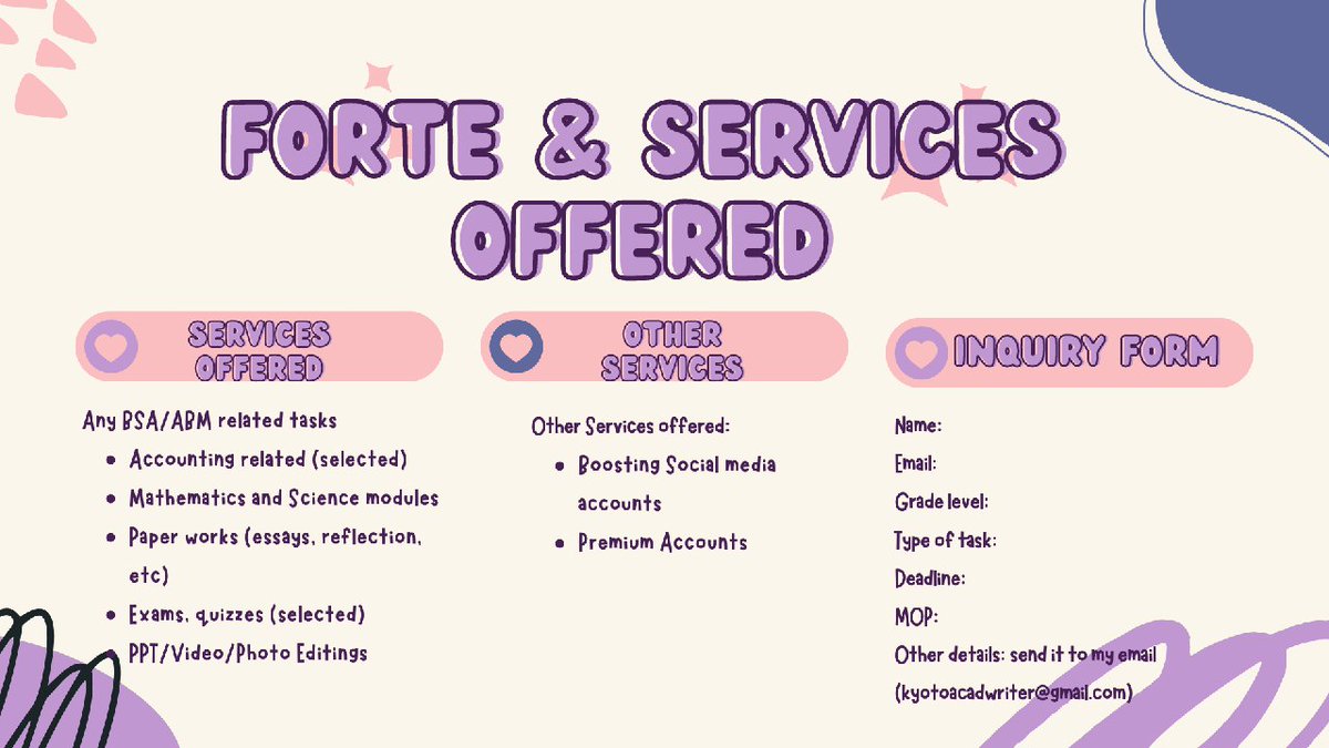 acads_kyotoo's tweet photo. ✨ Kyoto, your virtual helper ♡

Fortes: accounting and business related, mathematics, ppt, paper commissions

to know more, check my commission sheet below ♡

✨ proofs and feedbacks: https://t.co/MtmPtBxILj

LF CLIENT LF CLIENT LF CLIENT LF CLIENT LF CLIENT https://t.co/KO0hItipws