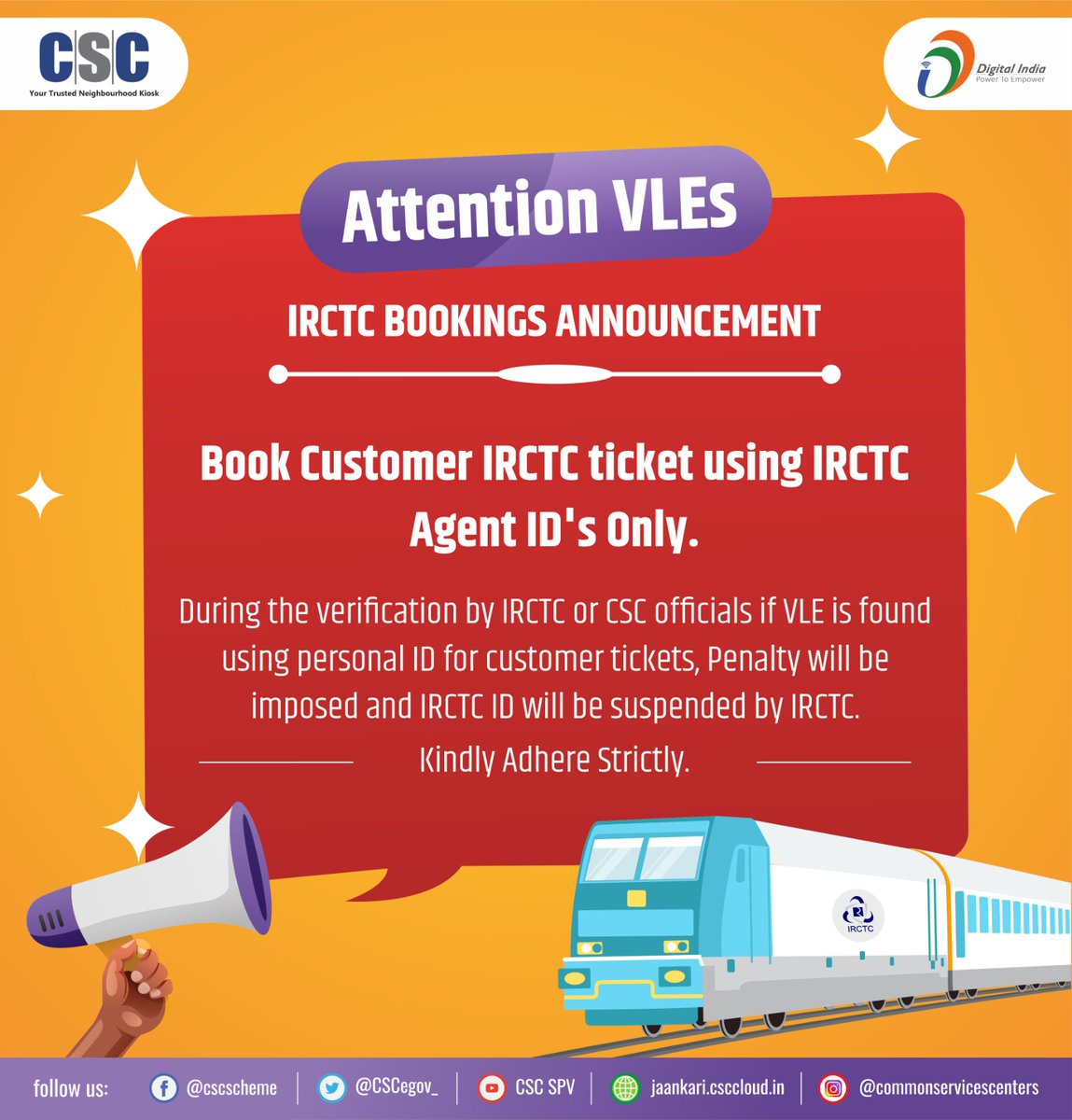 CscSafar's tweet image. ATTENTION VLEs! IRCTC Bookings Announcement.

Book Customer IRCTC ticket using IRCTC Agent ID&apos;s Only. During the verification by IRCTC or CSC officials if VLE is found using personal ID for customer tickets,Penalty will be imposed and IRCTC ID will be suspended by IRCTC
#cscsafar