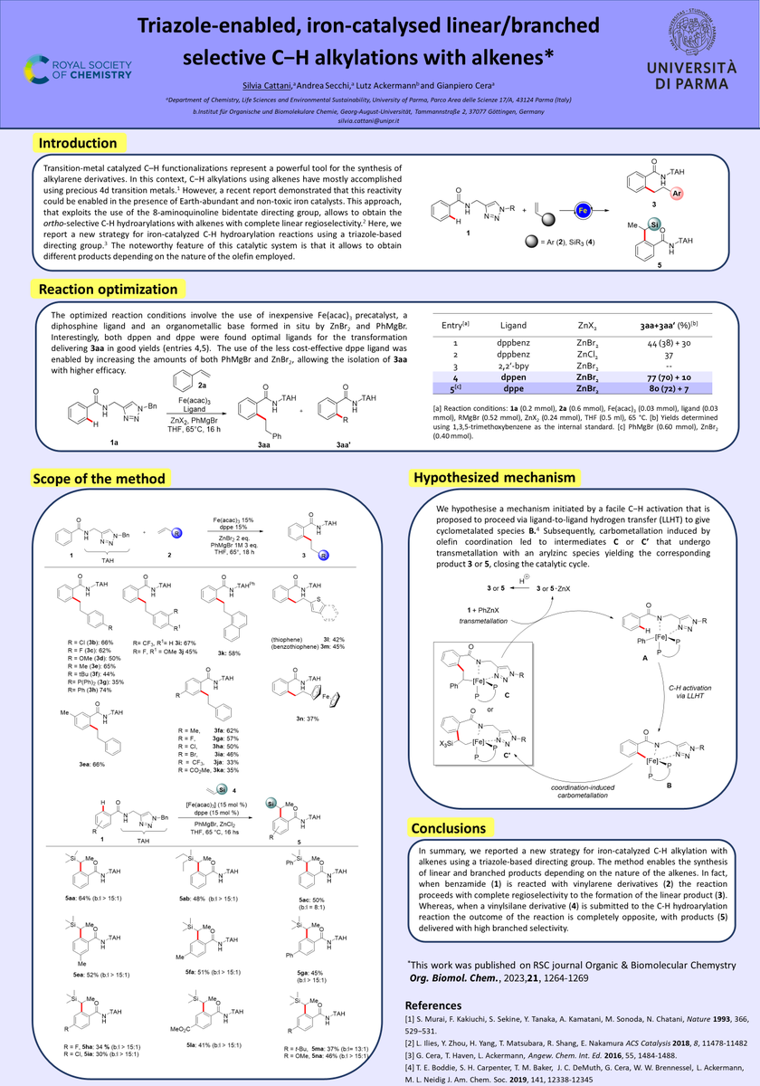 Silvia_Cattani's tweet photo. I'm glad to share my poster contribution to #RSCPoster #RSCCat Twitter conference.
"Triazole-enabled, iron-catalysed linear/branched selective C−H alkylations with alkenes", published in @OrgBiomolChem.
Thanks to @RoySocChem and my advisor @CeraGianpiero https://t.co/r9pPKABSTp