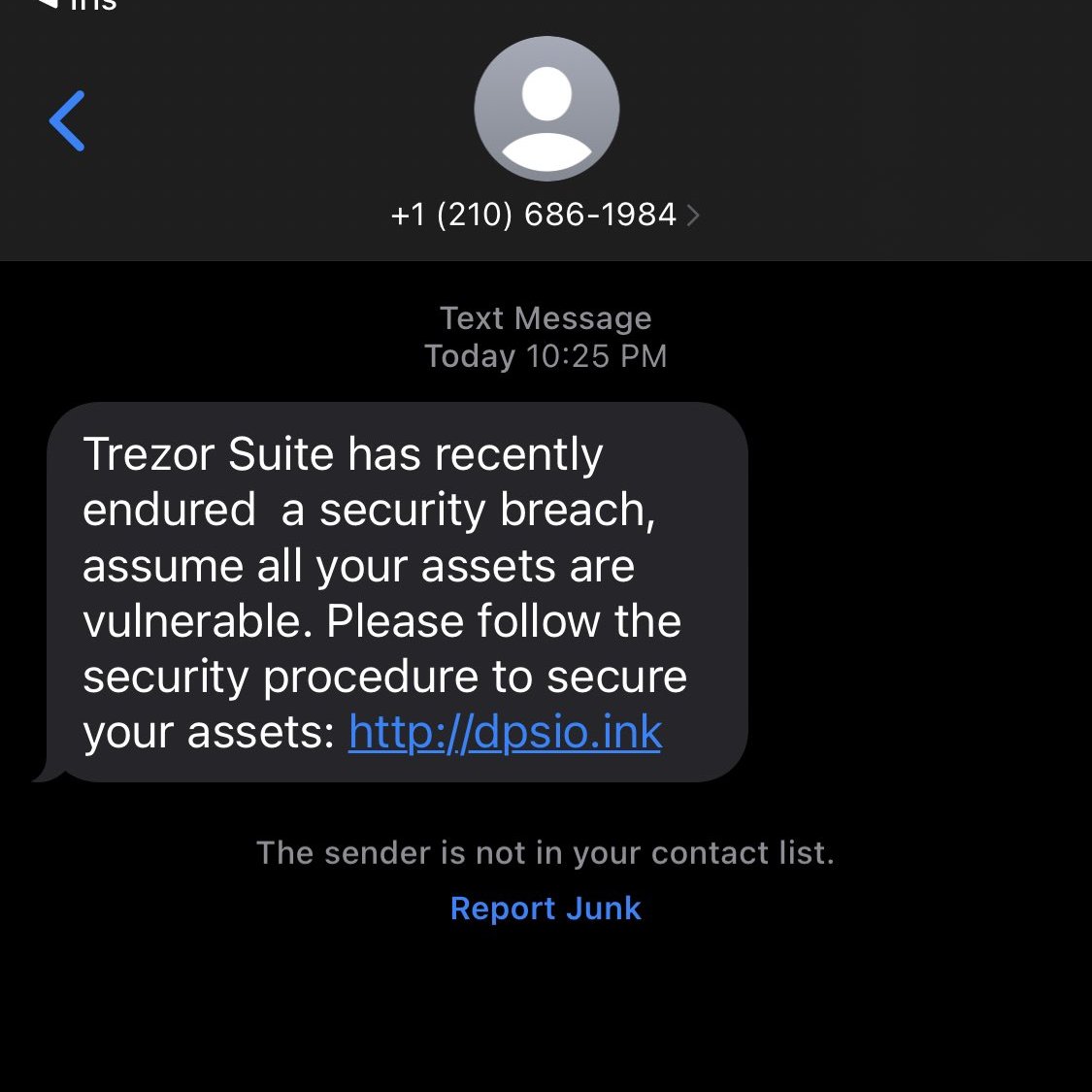 JCyberSec_'s tweet photo. Live Trezor SMS #phishing campaign🪙📱
1⃣🌐hxxps://dpsio.ink/
2⃣🌐hxxps://exo-pro-support.click/
#KITIntel🔍 It appears to be an auto-drainer as it checks the seed phrase upon submission. If you put a real seed phrase automated withdrawals could occur⚠️ https://t.co/IpDz9Z7yWh