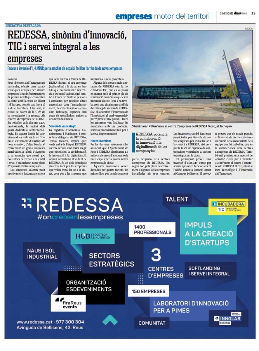 JuntsxCAT_Reus's tweet photo. 📰En el dia de la seva conferència al Centre d’Amics de Reus, la bona feina duta a terme a REDESSA per part de l’equip que lidera Teresa Pallarès avui és esmentada al Diari Més.
#reculldepremsa #ReusPrimer https://t.co/FSa6qZ6B4q
