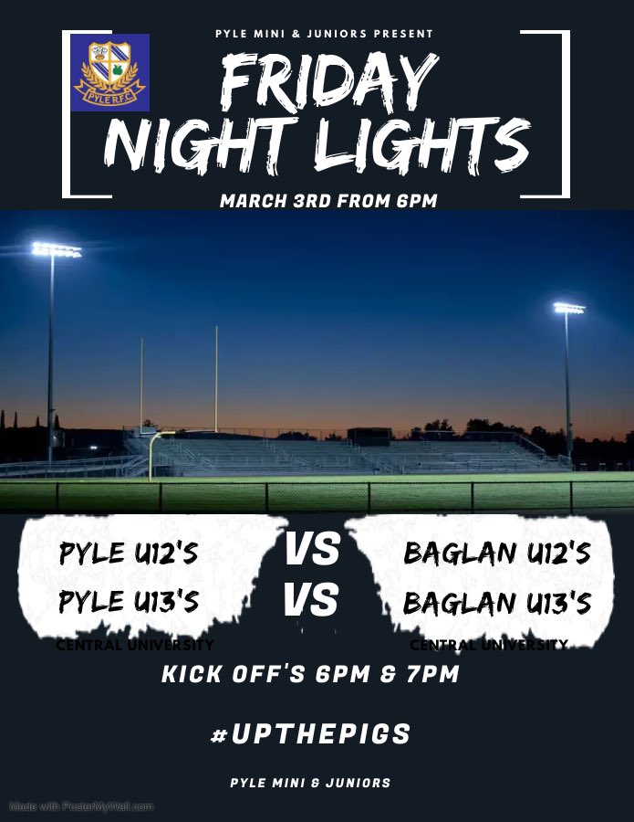 Pyle RFC Junior Section (@pylepiglets) on Twitter photo This Friday our Under 12โs and Under 13โs welcome Baglan to Brynglas Field. The Under 12โs start the night off at 6PM followed by the Under 13โs at 7PM. Come along and show your support as the ๐ท๐ท take on the ๐๐ <a href="/CommunityOsprey/">Ospreys in the Community</a> <a href="/baglan_rfc/">Baglan RFC ๐</a> This Friday our Under 12โs and Under 13โs welcome Baglan to Brynglas Field. The Under 12โs start the night off at 6PM followed by the Under 13โs at 7PM. Come along and show your support as the ๐ท๐ท take on the ๐๐ <a href="/CommunityOsprey/">Ospreys in the Community</a> <a href="/baglan_rfc/">Baglan RFC ๐</a>