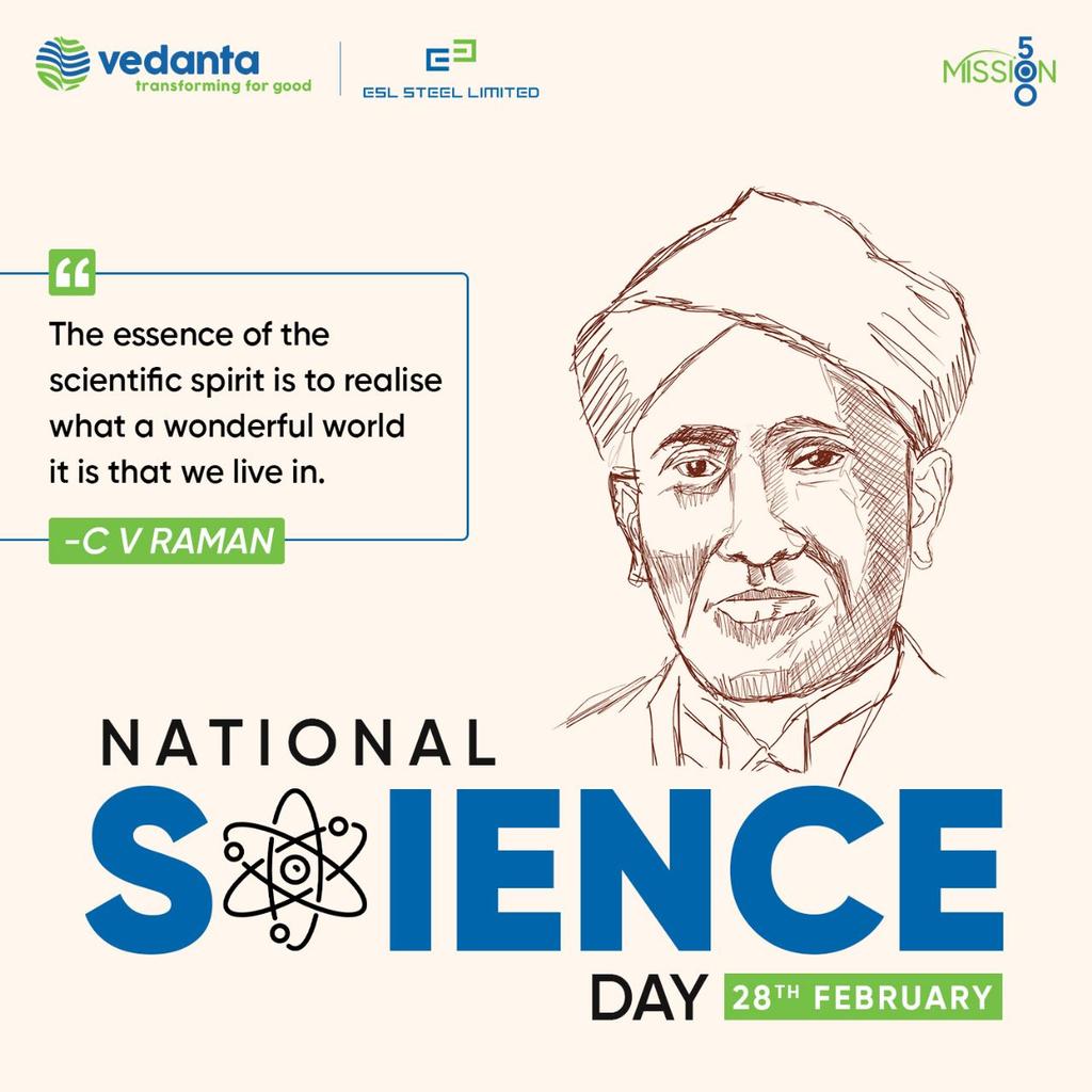ESLSteelLimited's tweet photo. On #NationalScienceDay, @ESLSteelLimited pays tribute to the legendary physicist, C V Raman, who made India proud with his groundbreaking discovery of the #RamanEffect.
#GlobalScienceForGlobalWellbeing #ESLCares https://t.co/FnpX0pcC7P