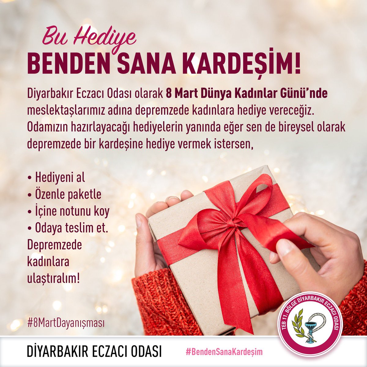 DiyarbakirEO's tweet photo. Diyarbakır Eczacı Odası olarak 8 Mart Dünya Kadınlar Günü'nde meslektaşlarımız adına depremzede kadınlara hediye vereceğiz. Odamızın hazırladığı hediyelerin yanında eğer sen de bireysel olarak hediye vermek istersen, 
Hediyeni al
Özenle paketle
İçine notunu koy
Odaya teslim et 👇 https://t.co/vjeFtmB2sw