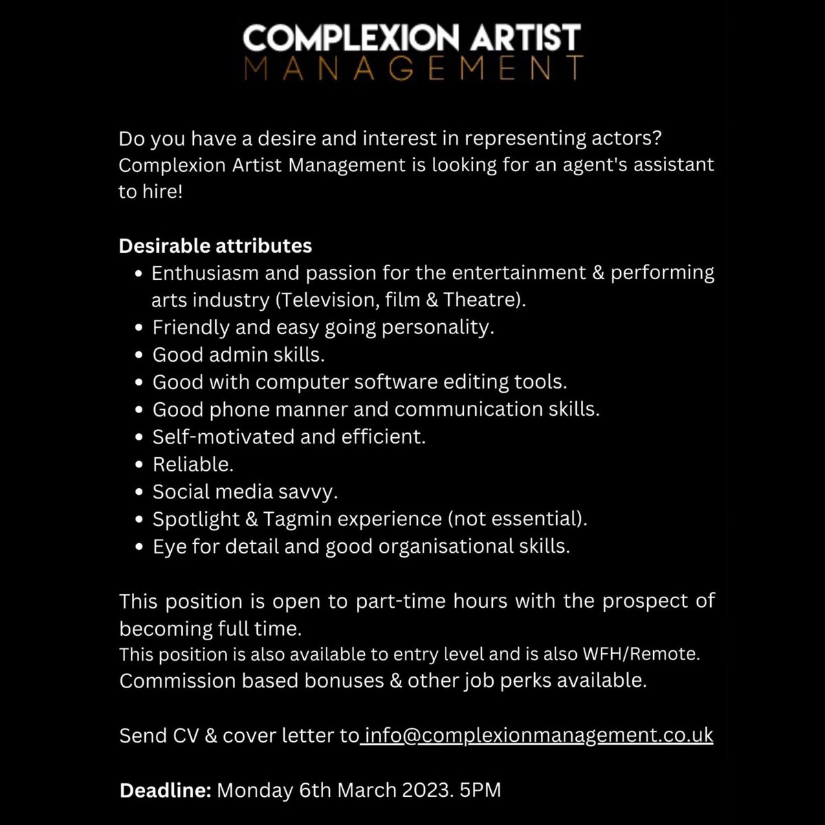 CAManagements's tweet photo. 🚨🚨🚨ACTOR’S AGENT ASSISTANT WANTED🚨🚨🚨Always wanted to become an actor’s agent assistant? This might be the opportunity for you! Apply now! 🖤 Applicants must be UK based. #JobOpportunity #CAManagement #CAActors #UKBased #UKJobs https://t.co/O2jjcX9CrT