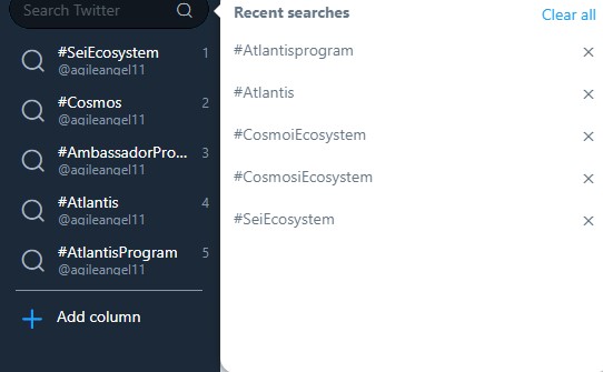 agileangel11's tweet photo. 3/ Mostly I am interested in information on such hashtags #SeiEcosystem #CosmosEcosystem #AmbassadorProgam #Atlantis #AtlantisProgram #Atlantic2
Being lazy, 😉I once set up the task flow. And my daily routine goes with a cup of delicious tea or coffee in my hand😉☕️tweetdeck https://t.co/YcWm2o5Ofh