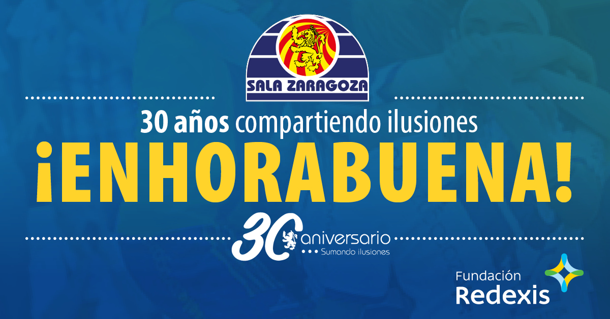 🎂 ¡Celebramos el 30º Aniversario del @SalaZaragoza, equipo patrocinado por la #FundaciónRedexis!
 
🏆 Enhorabuena por tantos años de éxitos y perseverancia, y por todos los que quedan por llegar.
 
👏 ¡Felicidades!

#30añosdeilusión