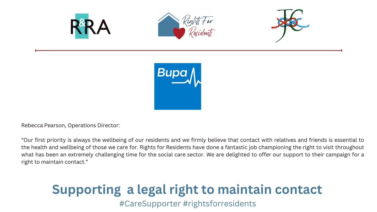 rightsforresid2's tweet photo. Some of the biggest #CareGroups have joined our call to make the right to maintain contact a legal right #GloriasLaw - thank you @BupaUK for your support #rightsforresidents https://t.co/Ur9tJixvPC