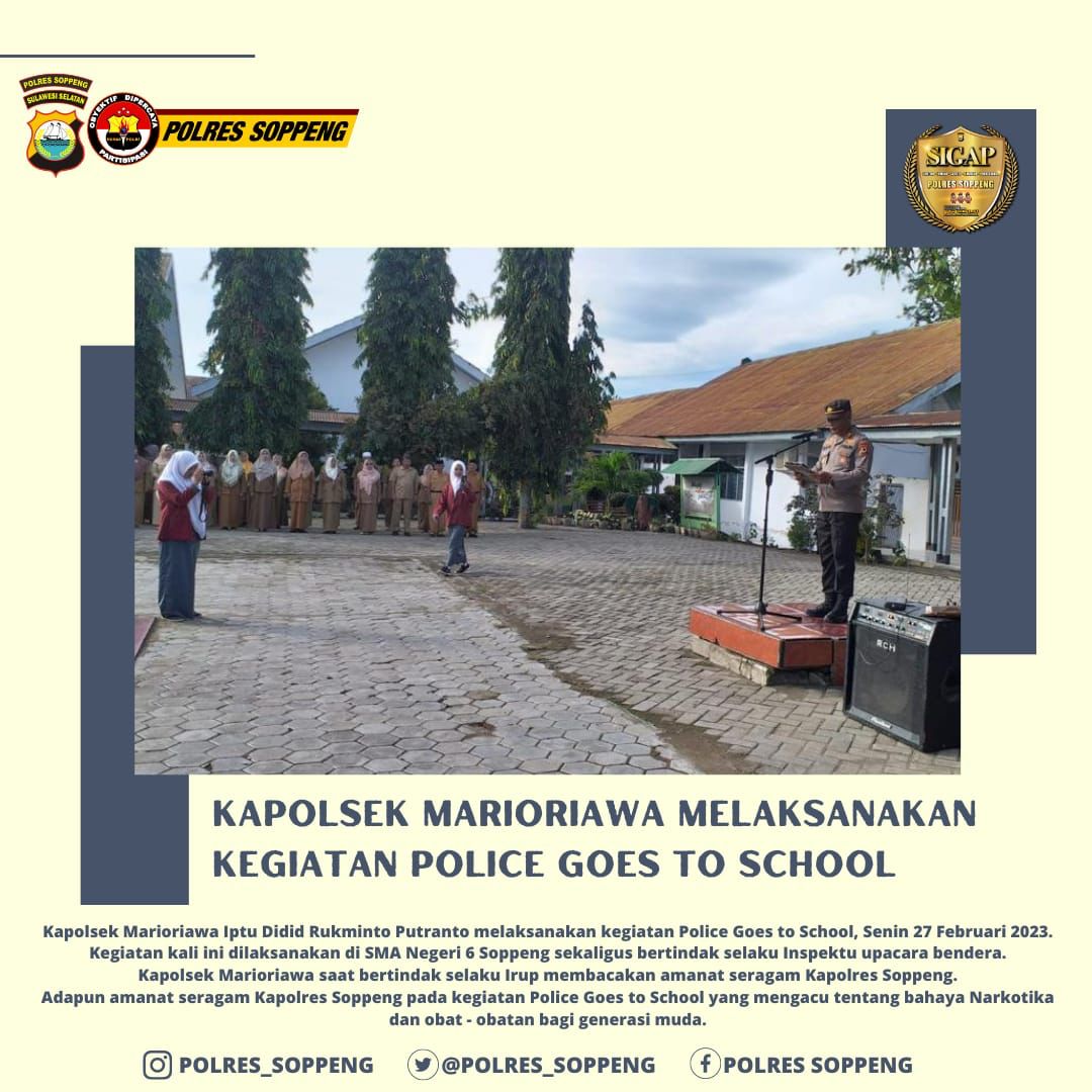 SihumasBaranti's tweet image. Kapolsek Marioriawa Iptu Didid Rukminto Putranto Goes to School SMA 6 Soppeng sekaligus membacakan Amanat Kapolres Soppeng yang mengedukasi tentang bahayanya narkotika dan obat-obat terlarang bagi generasi muda.

#BaktiUntukNegeri