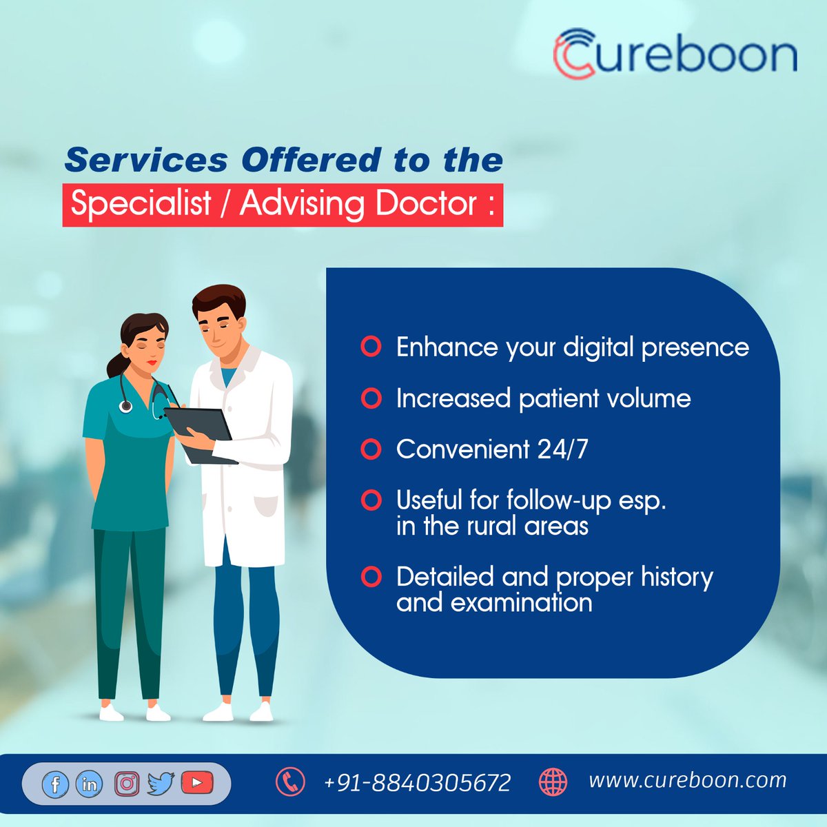 Cureboon1's tweet photo. We are now offering specialized services for doctors and advisors. Our team of experts is ready to help you provide better care for your patients. Get in touch with us to learn more about our services.
.
.
https://t.co/tRyNIFuIVg
8840305672
#careforeveryone #qualitycare #cureboon https://t.co/djDLmIvBoY