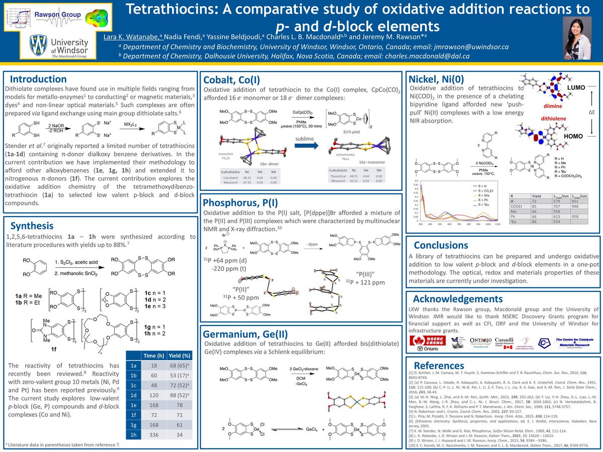 Lara Watanabe (@larawatanabe) on Twitter photo Check out some of the research I did during my Ph.D!
Tetrathiocins: A comparative study of oxidative addition reactions to p- and d- block elements!
Work done in the Rawson & Macdonald groups <a href="/ChemUWindsor/">UWindsor Chemistry</a>.
#RSCPoster #RSCInorg #RSCMat
Thank you to <a href="/RoySocChem/">Royal Society of Chemistry</a> for organizing! Check out some of the research I did during my Ph.D!
Tetrathiocins: A comparative study of oxidative addition reactions to p- and d- block elements!
Work done in the Rawson & Macdonald groups <a href="/ChemUWindsor/">UWindsor Chemistry</a>.
#RSCPoster #RSCInorg #RSCMat
Thank you to <a href="/RoySocChem/">Royal Society of Chemistry</a> for organizing!