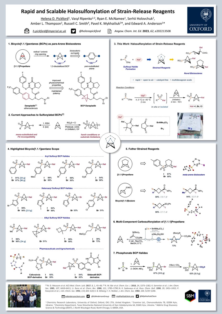 Helena Pickford (@helenapickford) on Twitter photo Rapid and Scalable Halosulfonylation of Strain-Release Reagents - (as fast as 2 min and up to 96 g!)
A #RSCPoster from my PhD with <a href="/EdAndersonGroup/">Ed Anderson Group 🇺🇦</a> in collaboration with <a href="/MykhailiukChem/">Mykhailiuk Chem 🇺🇦</a>. #RSCOrg
Read the full article here: doi.org/10.1002/anie.2… Rapid and Scalable Halosulfonylation of Strain-Release Reagents - (as fast as 2 min and up to 96 g!)
A #RSCPoster from my PhD with <a href="/EdAndersonGroup/">Ed Anderson Group 🇺🇦</a> in collaboration with <a href="/MykhailiukChem/">Mykhailiuk Chem 🇺🇦</a>. #RSCOrg
Read the full article here: doi.org/10.1002/anie.2…
