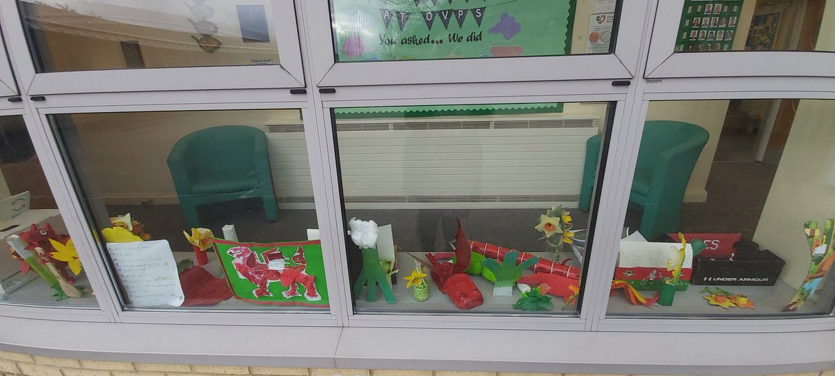 OVPSMrsBradley's tweet photo. Our reception area is looking wonderfully Welsh ahead of our Eisteddfod tomorrow thanks to the half term home tasks that have been brought in. Well done everyone, such an amazing effort. #TheOVWay https://t.co/VH5sc5QTmZ