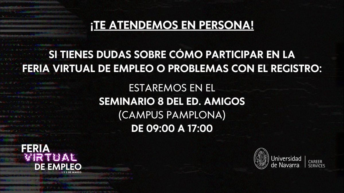 ¡+ de 470 ofertas de prácticas y empleo te esperan en la Feria Virtual de Empleo de la <a href="/unav/">Universidad de Navarra</a>!

👉INSCRIPCIÓN, INFO Y ACCESO: bit.ly/vcfunav

Además, los días 1 y 2 de marzo te atendemos personalmente:
📍Seminario 8, ed. Amigos, de 09:00-17:00.👇
