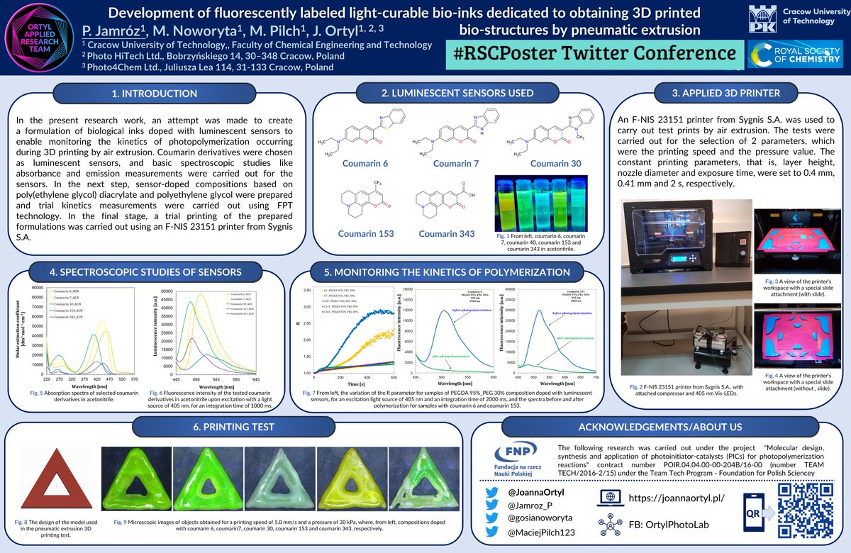 I am very happy to share my #RSCPoster 😁🤓 'Development of fluorescently labeled light-curable bio-inks dedicated to obtaining #3dprinted  bio-structures by pneumatic extrusion'🧪🥼🔬
 #RSCChemBio #RSCMat #RSCEng
@RoySocChem @JoannaOrtyl 
@PhotoHiTech @Photo4Chem 
@SygnisPL