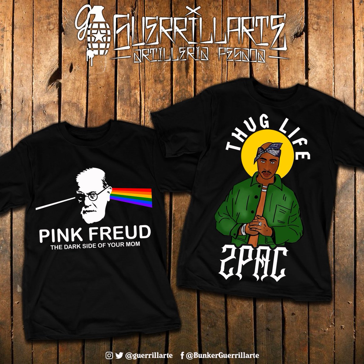 guerrillarte's tweet photo. PINK FREUD / 2PAC Franelas Guerrillarte. Disponible en nuestra Tienda Virtual, Redes Sociales y Vías de Contacto #guerrillarte #bunkerguerrillarte #pinkfreud #2pac #hiphop #serigrafia #caracas #venezuela #diseñoconsciente #artilleriapesada #gadc #guerrillarte2023 #gadc23 #gaap23 https://t.co/UEd9ajSM8m