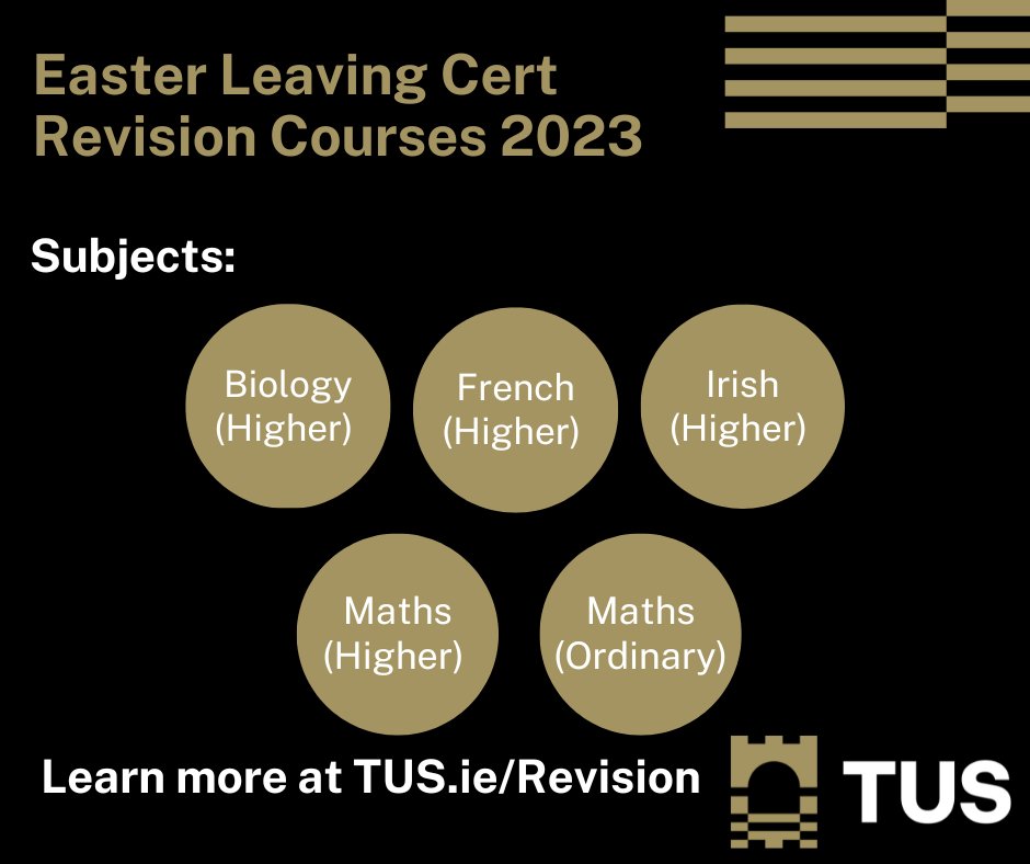 TUS_ie's tweet image. Are you a leaving cert student? Are you studying Biology, French, Irish or Maths? Check out our Easter Revision courses taking place on Tuesday 11th to Thursday 13th of April at our Moylish Campus in Limerick City. 

Learn more at tus.ie/revision

#revisioncourse