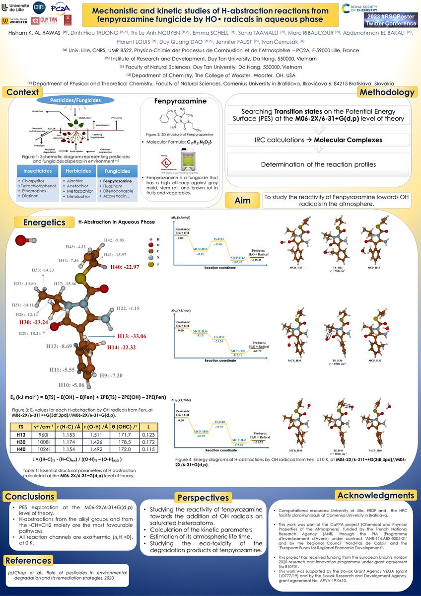 Hi I'm Hisham, PhD student, and I'm presenting here my #RSCposter about Fenpyrazamine reactivity with OH radicals. #pesticides #atmoschem #compchem #RSCEnv #RSCPhys

@PC2A_umr8522 @CNRS_HdF @RechercheUlille @inter_univlille @FR2030_ULille  @ComeniusUni @dtc2lab @JFaustDoesChem