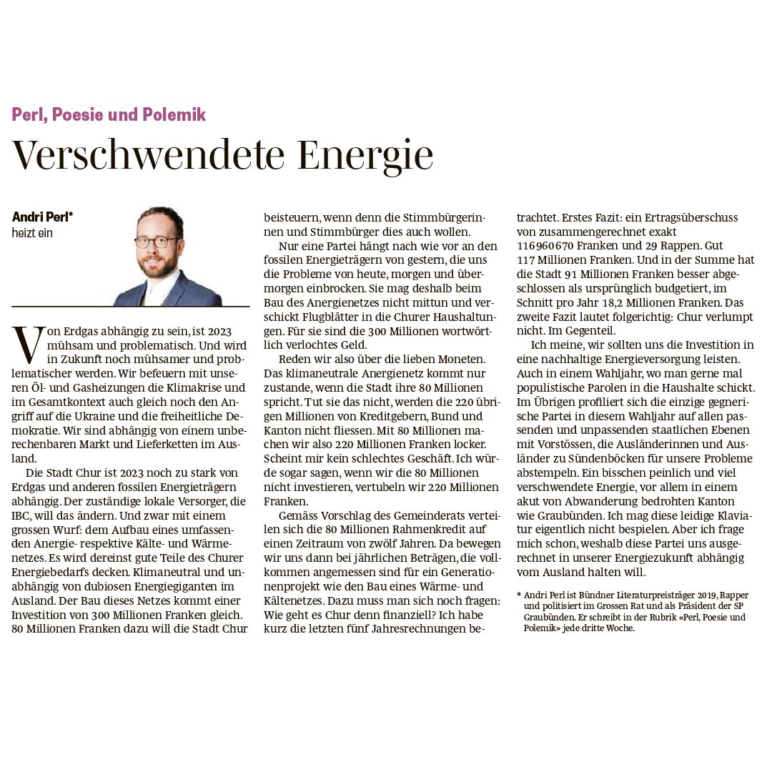 In der heute erschienenen Kolumne bringt es unser Parteipräsident #AndriPerl erneut auf den Punkt. Sag auch du am 12. März JA zur finanziellen Unterstützung der @ibc_chur. Für eine #zukunftsgerichtete, #nachhaltige und #CO2neutrale Wärme- und Kälteversorgung. ⚡️💸🌹 
￼
￼
