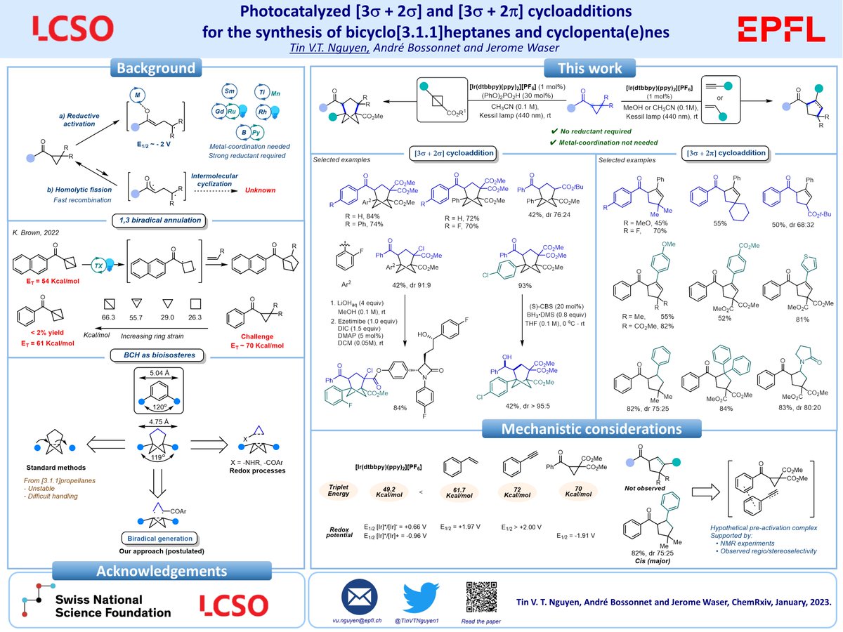 Check out my #RSCPoster on photocatalyzed cycloaddition of cyclopropanes for the synthesis of cyclopenta(e)nes and bicyclo[3.1.1]heptanes as meta-substituted benzene bioisosteres. It was great to work with @ABossonnet on this project in @LcsoLab. @RoySocChem #RSCOrg #RSCCat.