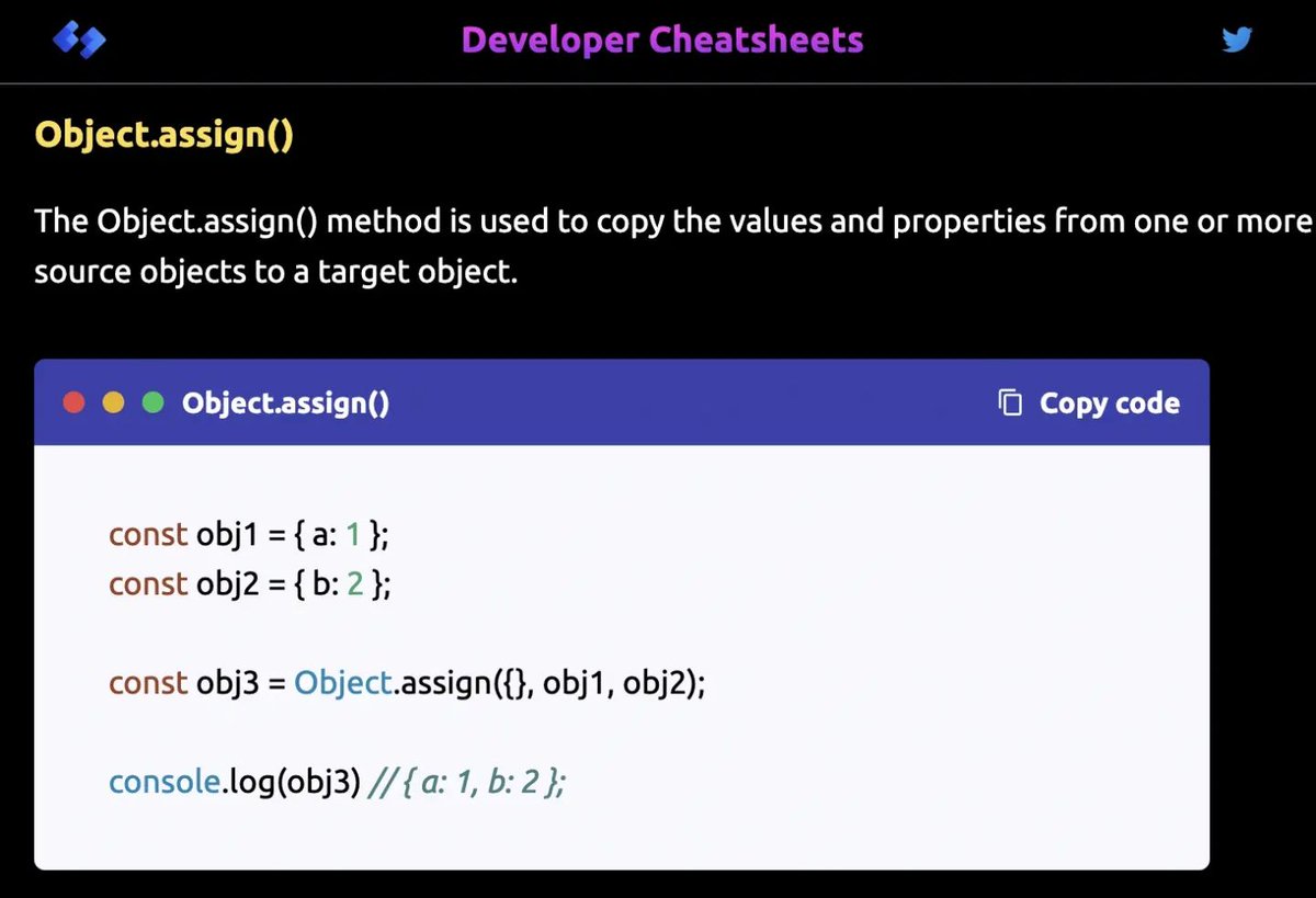 DevCheatsheets's tweet image. ES6 Object assign method - daily dose of JS.

Web Dev cheatsheets @ developercheatsheets.com

#webdevelopment #developer #cheatsheets #javascript