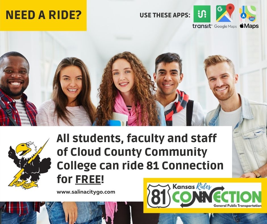 SalinaCitygo's tweet image. Reminder:  Free rides for all of our friends at Cloud County Community College on 81 Connection.

Use the Transit app to plan your trip.  

#81connection #transitapp