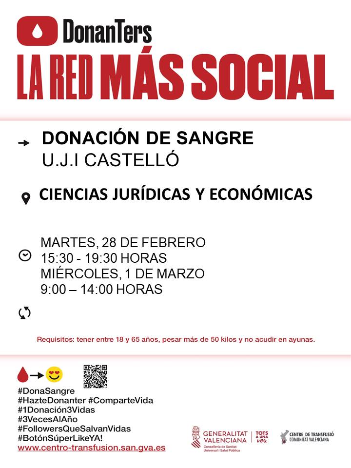 GVAdonasang's tweet photo. Donació de Sang #UJI💉
📍Facultat de ciéncies jurídiques i económiques
📅Dimarts #28febrer 🕣15.30 -19.30h.
📅Dimecres #1març 🕤09.00-14.00h.
¡Salvar vides no costa molt! #ElsUniversitarisDonensang https://t.co/8IpJK0mo5e