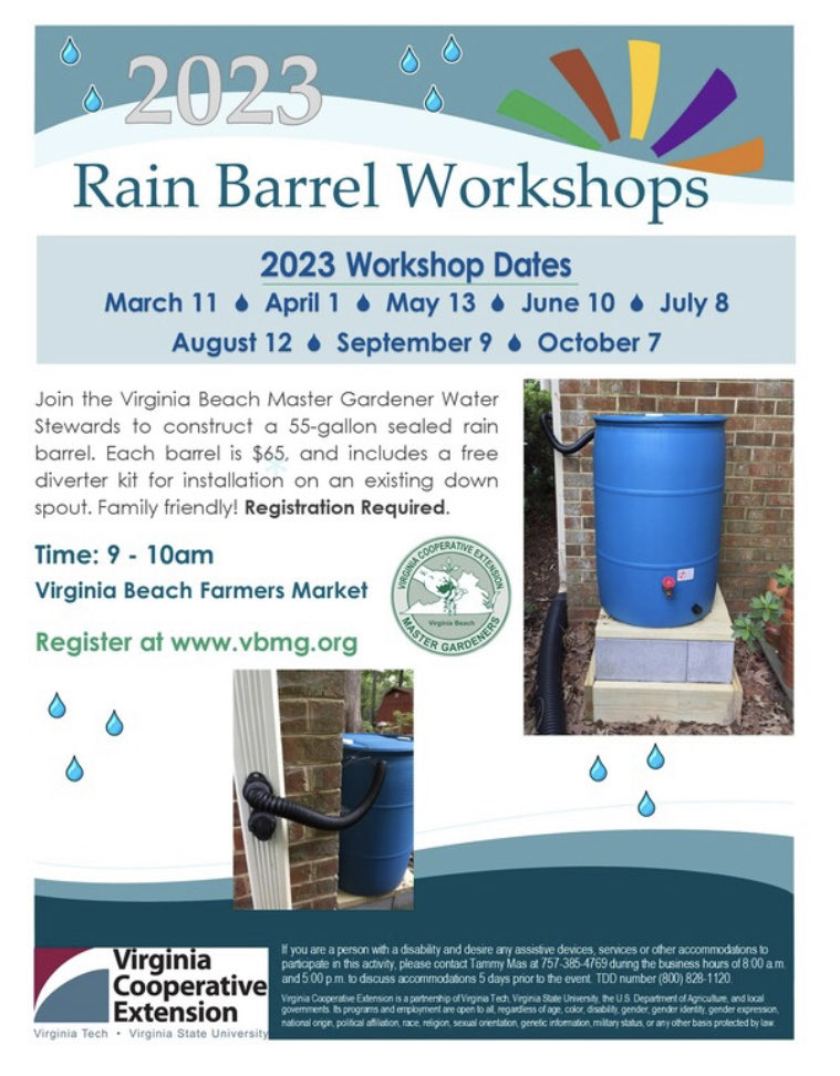 Why use a #RainBarrel?Captures rain water from the roof for use on lawns & gardens. Reduces the amount of runoff that flows from your property. Improves water quality in nearby bodies of water. Saves $. To register for a workshop: VBMG.org
