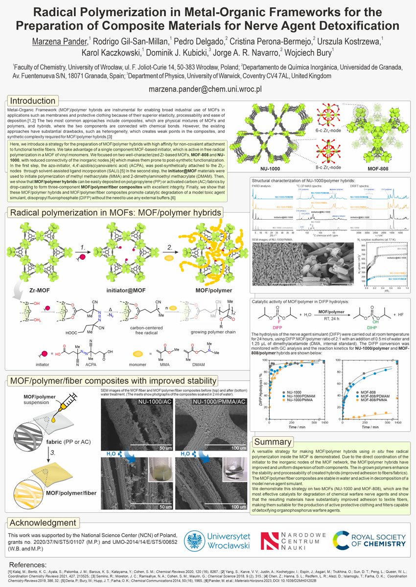 Excited to present our latest research at #RSCPoster, featuring our innovative approach to creating MOF/polymer hybrids via in situ free radical polymerization. Don't miss out on our findings, including potential for detoxifying organophosphorus warfare agents 
#RSCMat #RSCCat