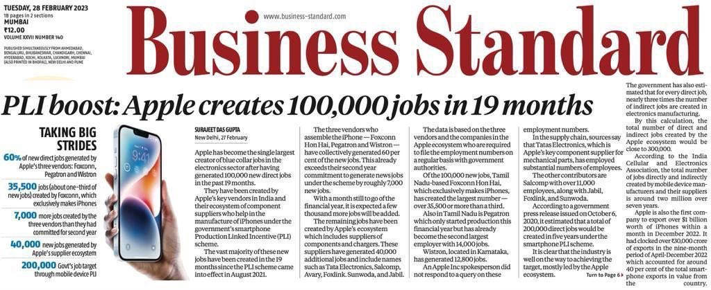 PiyushGoyal's tweet photo. PLI provides a boost to job creation in India!

1 lakh new jobs created in little over 1.5 years by Apple under Modi Govt’s Production Linked Incentive scheme. https://t.co/1CIwLlcC0r