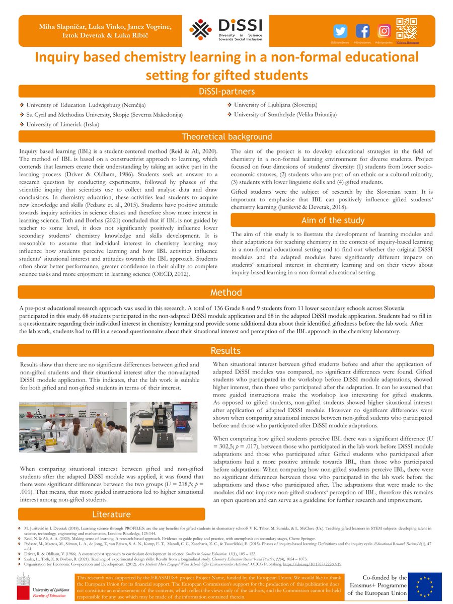 DevetakIztok's tweet photo. Welcome to ask questions and comment about Slovenian team work on DiSSI project #RSCPoster #RSCPosterPitch #dissiprojecteu #EUerasmusplus #erasmusplus #gifted #students #chemistry #IBSE @EUerasmusplus @pedagoska https://t.co/9nC19xV538