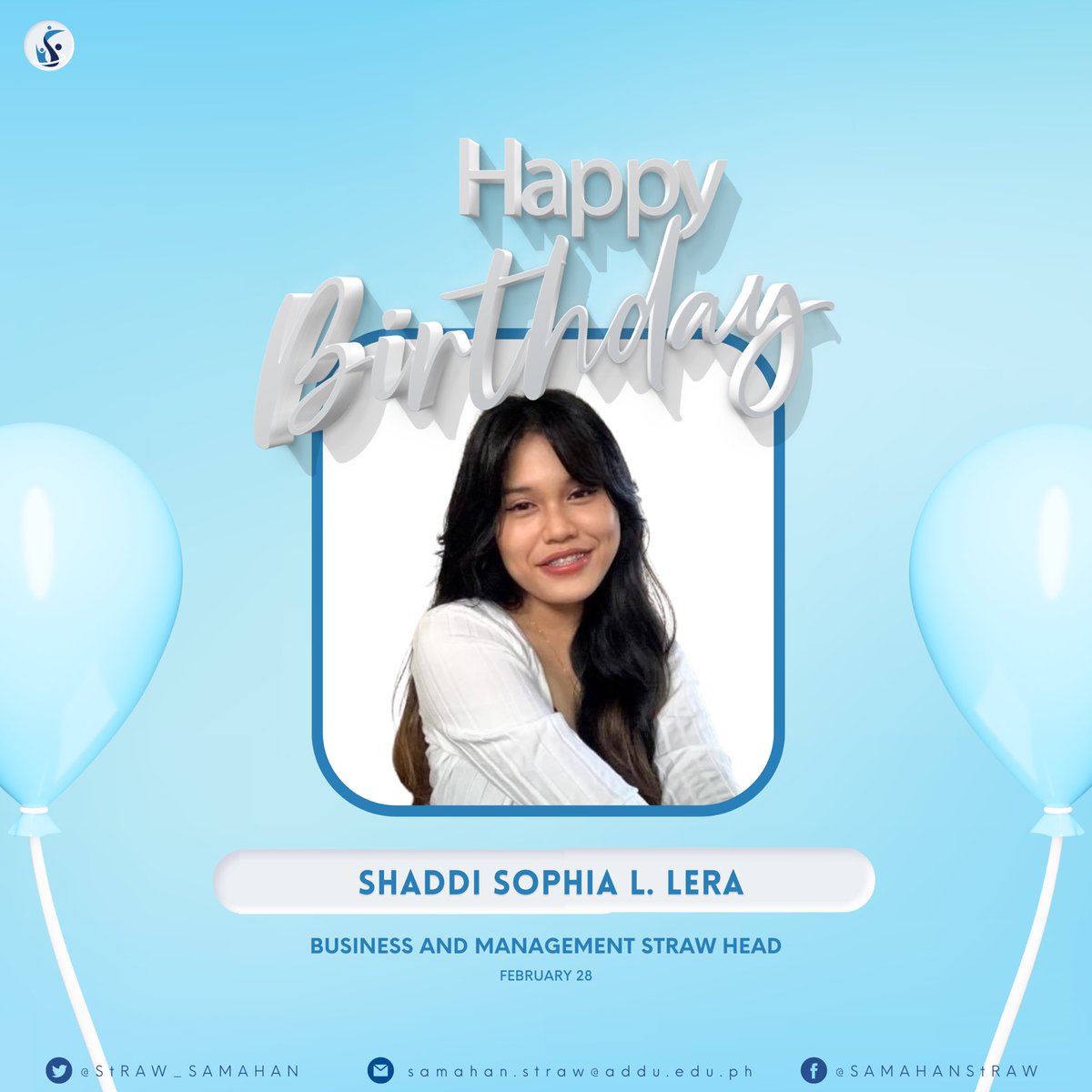 StRAW_SAMAHAN's tweet photo. Today is #SHADDIDAY 🥳

Happy birthday to our Business and Management StRAW Head of Students’ Rights and Welfare, 𝙎𝙝𝙖𝙙𝙙𝙞 𝙎𝙤𝙥𝙝𝙞𝙖 𝙇𝙚𝙧𝙖! 🎂

Wishing you all the happiness you deserve. Have a wonderful birthday!

#StRAWForEveryone 👥 https://t.co/HQOv0vPziK