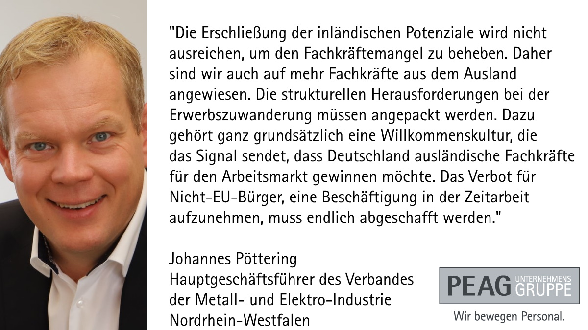 "Wichtig ist ein Zuwanderungsrecht, das transparent gestaltet ist und den bedarfsgerechten Zuzug ausländischer #Fachkräfte auch tatsächlich ermöglicht", fordert <a href="/metallnrw/">METALLNRW</a>-Hauptgeschäftsführer <a href="/jpoettering/">Johannes Pöttering</a> im neuen #PEAG Magazin ➡️ peag-online.de/publikationen #Fachkräftemangel #NRW