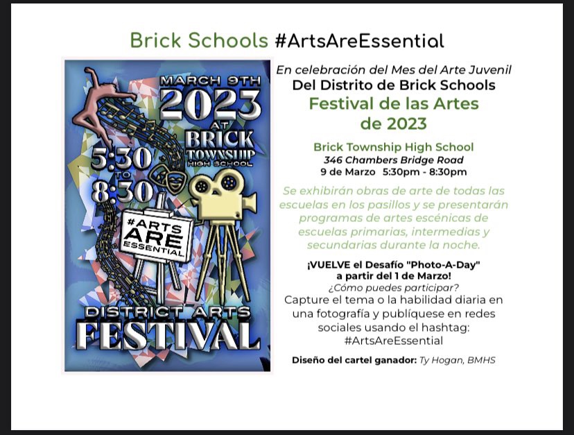 #ArtsAreEssential! Join us as we celebrate at the <a href="/Brick_K12/">Brick Township Public Schools</a> Art Show! 3/9/23 @ 5:30 PM located <a href="/BTHSDragons/">BTHS</a>! Check out the image for more details! 💚 Retweet please!