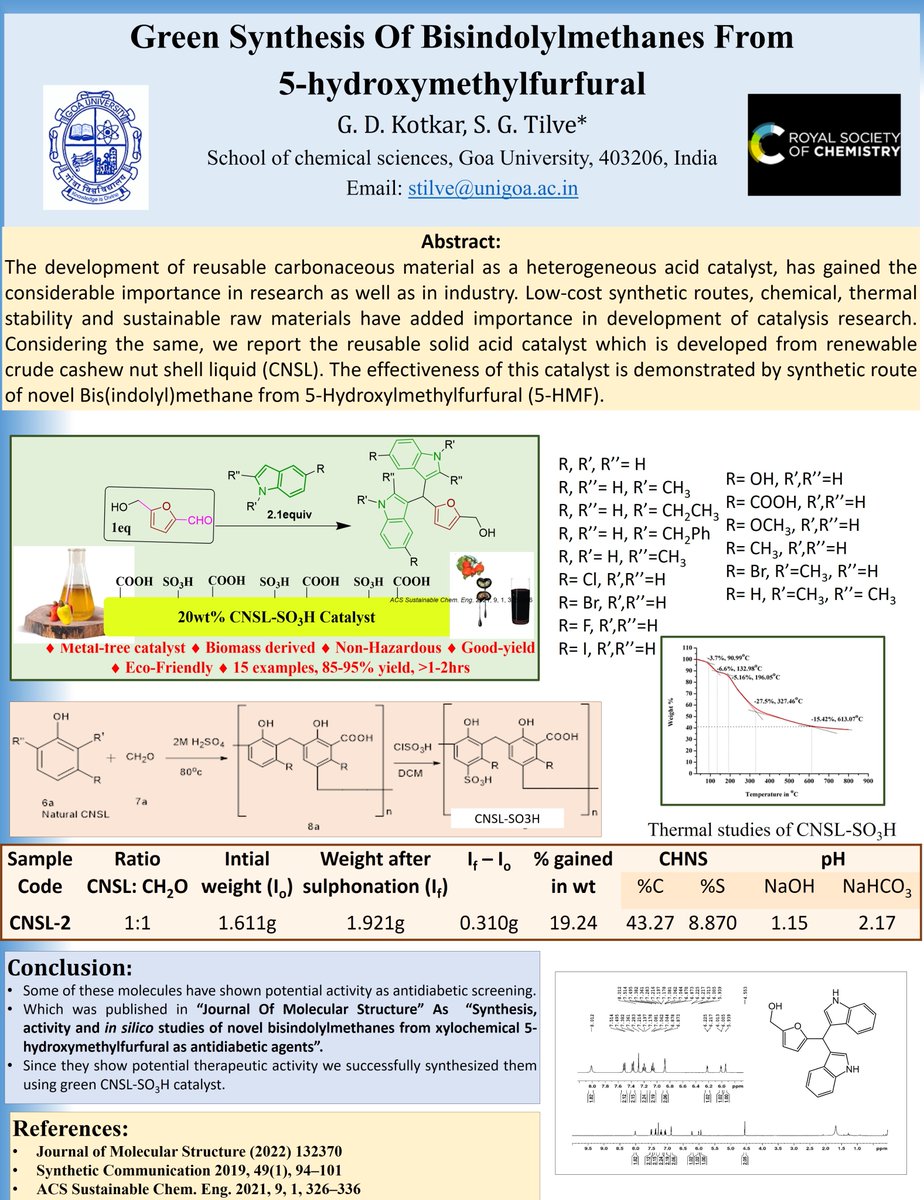 Hello everyone, we are happy to share our sustainable initiative in building chemical entities having therapeutic importance via green synthetic route. #RSCPoster #RSCCat #RSCChemBio #RSCOrg ..............#DST