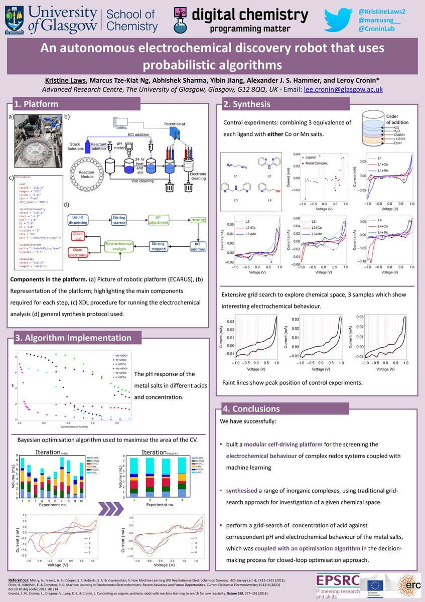 Excited for my first poster in @CroninLab, on autonomous electrochemistry discovery robot using probabilistic algorithms. #RSCPoster #RSCInorg #RSCDigital @leecronin @UofGChem @UofGARC #RealTimeChem #electrochemistry #DigitalChemistry #MachineLearning