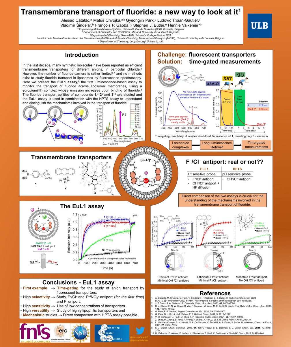 Happy to share my #RSCPoster about the use of time-gated emission spectroscopy to monitor the transmembrane transport of fluoride! You can find our work here DOI: 10.26434/chemrxiv-2023-b1780 @RoySocChem @Francois_Gabbai @Steve_JButler @HennieValkenier #RSCAnalytical #RSCOrg