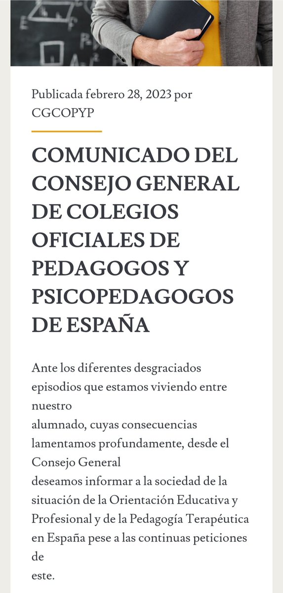 consejo_gral's tweet photo. 🔴Comunicado del Consejo General de Colegios Oficiales de Pedagogos y Psicopedagogos España
https://t.co/fCF0FmavPb https://t.co/7x9KdAllX4