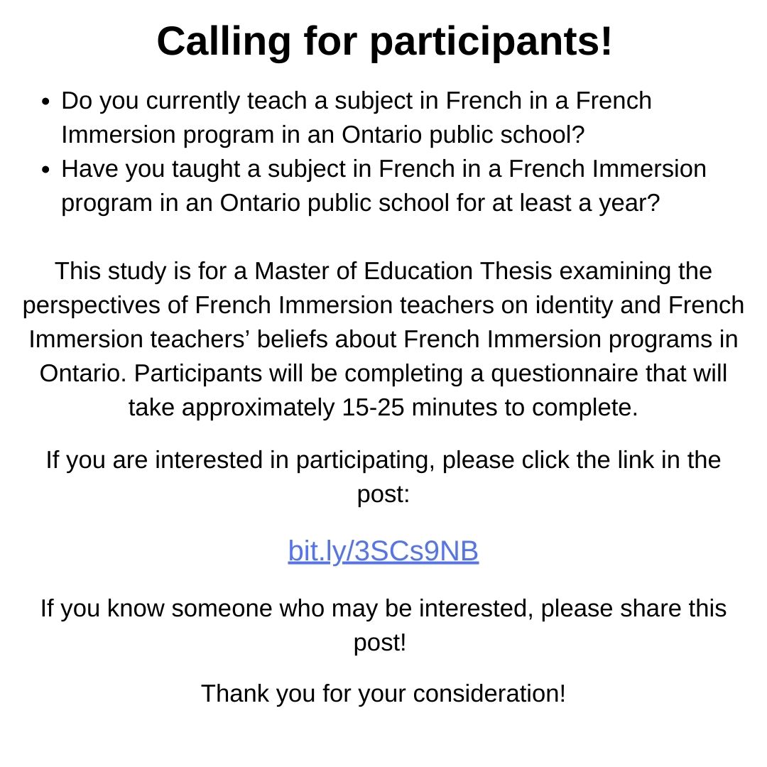 Do you currently teach a subject in French in a French Immersion program in an Ontario public school? Have you taught a subject in French in a French Immersion program in an Ontario public school for at least year? Read more below:

Questionnaire: bit.ly/3SCs9NB