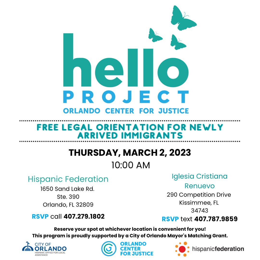 OCJ4Justice's tweet photo. 📢 FREE Legal Orientation for Immigrants THIS THURSDAY, March 2nd in Orlando and Kissimmee!

An Immigration Attorney will be present to provide information for newly arrived immigrants.  

For more info call or text: 407-279-1802 https://t.co/Jzw9zLJMEw