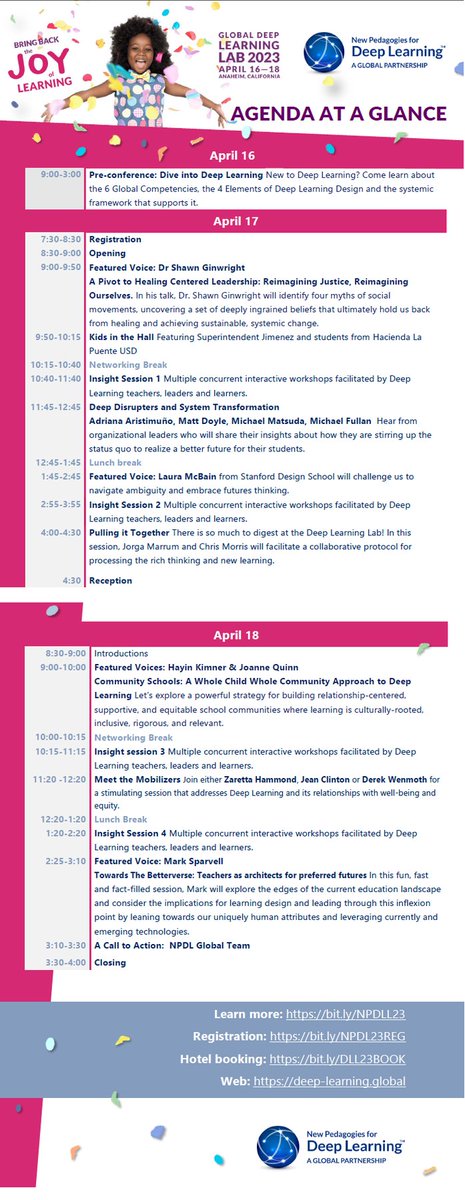 NewPedagogies's tweet photo. Don't miss the early bird rate. Register by March 10. See the "Agenda at a Glance" giving insights into the themes and featured voices https://t.co/GrZq8iDNRL 
More: https://t.co/6XMSTmBlz2 or register https://t.co/qQ42DpIwdi Great hotel rate here ONLY: https://t.co/kvWGtGetyW https://t.co/iz6sU88dtJ
