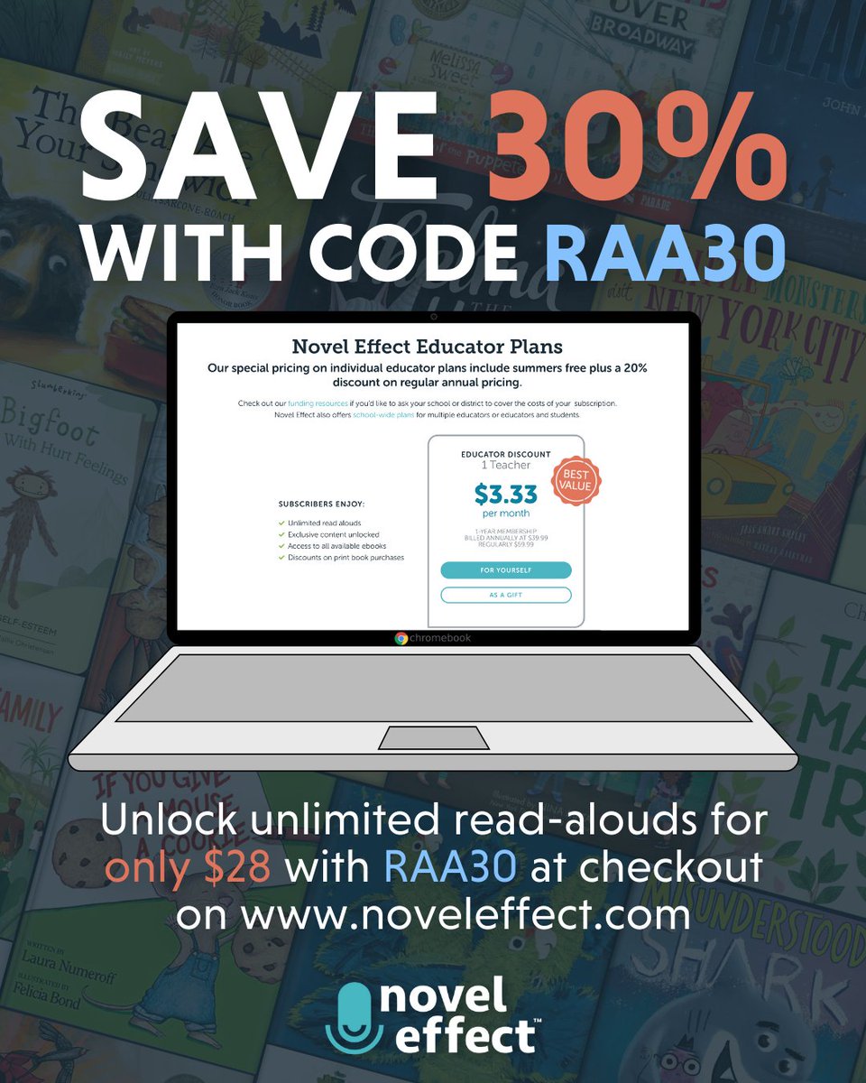 🇺🇸 In honor of #ReadAcrossAmerica, we're offering 30% off premium subscriptions! ✨

Unlock a year of unlimited #ReadAloudMagic for your classroom or library for just $28 🤩 Use code RAA30 on our website at checkout! 🎊 noveleffect.com/educator-plans

#RAA23 #TLchat #EdTech #EdTechChat