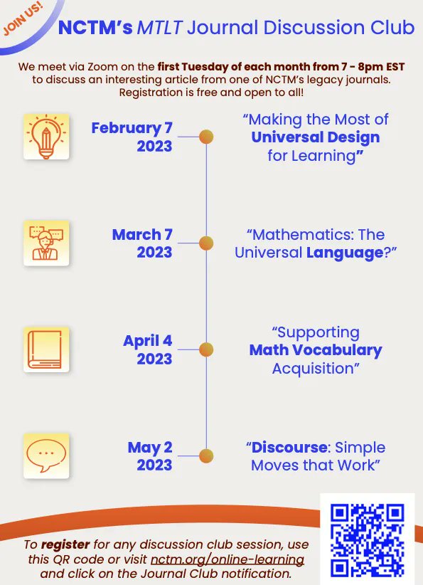 AMTENews's tweet image. ⚡ Next Tuesday! 7-8pm EST⚡

NCTM is hosting an MTLT Journal Discussion Club. Next week&apos;s topic: 𝗠𝗮𝘁𝗵𝗲𝗺𝗮𝘁𝗶𝗰𝘀: 𝗧𝗵𝗲 𝗨𝗻𝗶𝘃𝗲𝗿𝘀𝗮𝗹 𝗟𝗮𝗻𝗴𝘂𝗮𝗴𝗲? 

To register, visit: buff.ly/3RDoRsY

#ITeachMath #MTBoS #MTEChat #MathChat