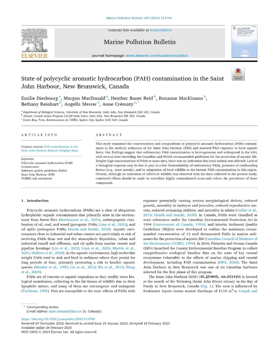 My first publication! This study presents an analysis of the current state of #PAHcontamination in the Saint John Harbour as part of the <a href="/FishOceansCAN/">Fisheries and Oceans</a>  coastal environmental baseline program. Full article link: authors.elsevier.com/a/1gf-m,asi62at
Thanks to everyone involved in this project!