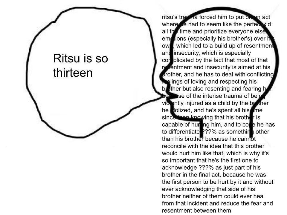I wish I was better at writing character analysis because I need to get all of these Ritsu thoughts out like ughhh I feel like this post every time I wanna talk about him ffjdhshhh I'm going to explote into a million tiny pieces actually. 