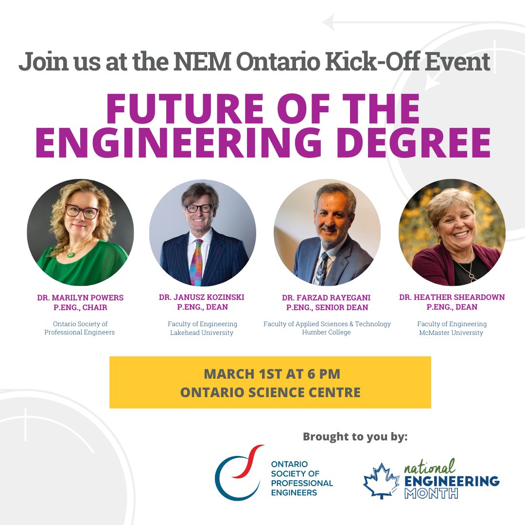 ROLL CALL! Who's all coming to the  #NEM2023 Ontario Kick-Off Event on Mar. 1? If you haven't got your tickets yet, now's your last chance.💡 BTW: This event is free for <a href="/O_S_P_E/">OSPE</a> members. Save your spot: rb.gy/zd6ltd
<a href="/HumberAppTech/">HumberAppTech</a>, <a href="/McMasterEng/">McMaster Engineering</a>, <a href="/mylakehead/">Lakehead University</a>