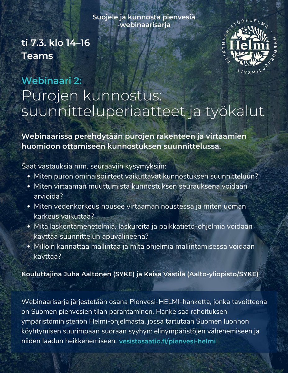 Webinaarisarja pienvesistä jatkuu! Ti 7.3. klo 14–16 järjestetään sarjan toinen webinaari, teemana purojen kunnostuksen suunnittelu ja työkalut. Kouluttajina <a href="/jkaalton/">Juha Aaltonen</a> (<a href="/SYKEinfo/">Suomen ympäristökeskus</a>), <a href="/KaisaVastila/">Kaisa Västilä</a> (<a href="/AaltoWAT/">AaltoWAT</a> / SYKE)
Lisätietoa ja Teams-linkki: vesistosaatio.fi/suojele-ja-kun…
#pienvesihelmi