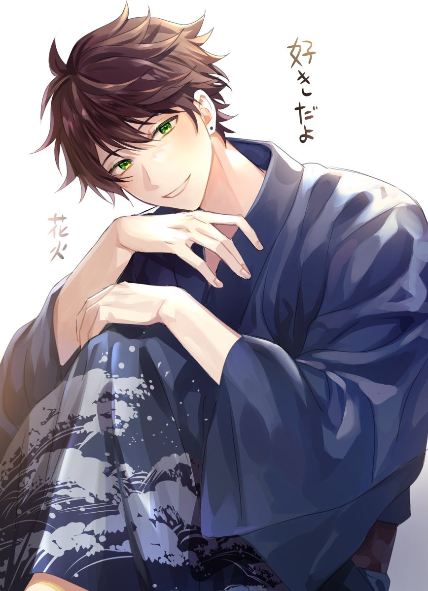 1boy male focus japanese clothes green eyes solo kimono brown hair  illustration images